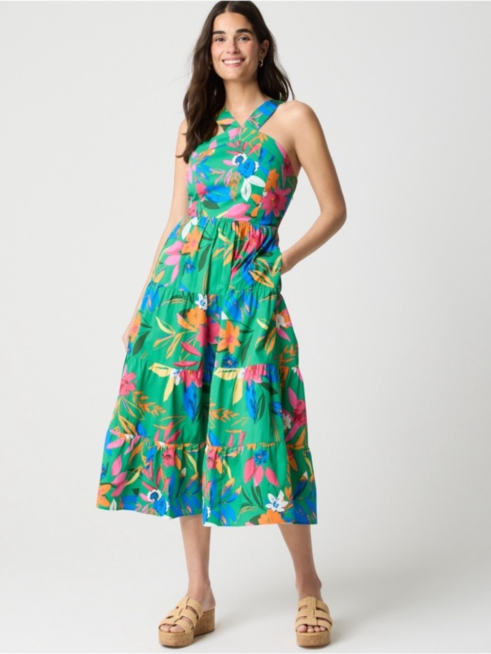 J. Crew Factory Green Floral Print Tropical Midi Dress